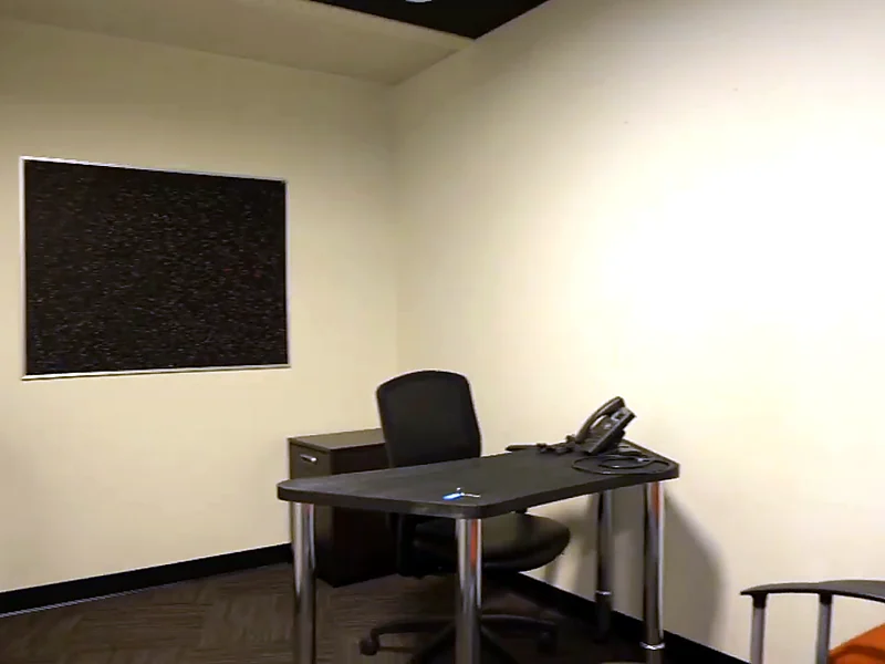 Bureau privé plus grand, meublé d'un bureau, d'un fauteuil et d'un panneau acoustique