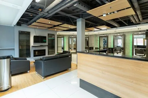 Client lounge with electric fireplace, leather sofa and wood reception counter
