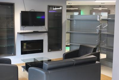 Styling stations with mirrors and green LED accents